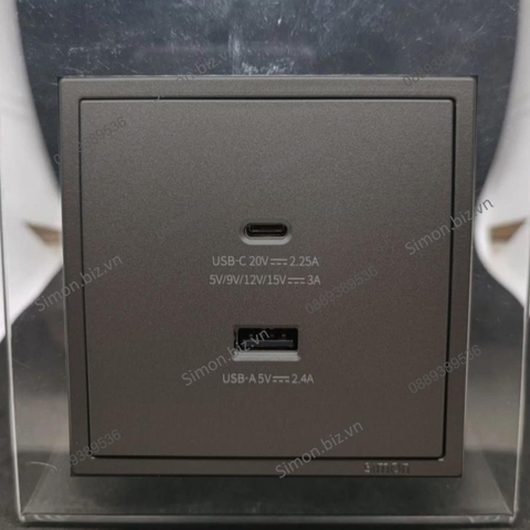 Module ổ cắm sạc USB (5V 2.4A) và ổ type C (45W) vuông màu xám Simon i7 70E727-61