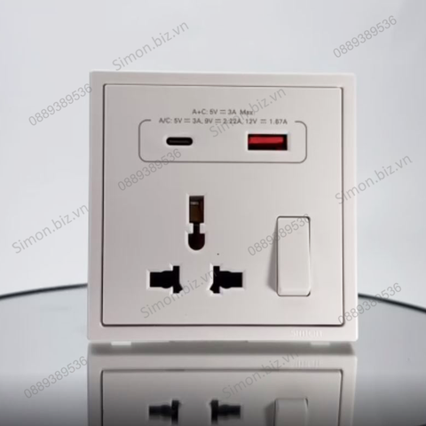 Ổ cắm đa năng kèm công tắc sạc USB Type C và công tắc ổ cắm màu trắng Simon i7 70E7253