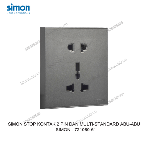 Bộ Ổ cắm 3 chấu đa tiêu chuẩn 10A và ổ cắm 2 chấu dùng cho chấu tròn&dẹt mặt vuông màu Xám (Grey) Simon E6 721080-61