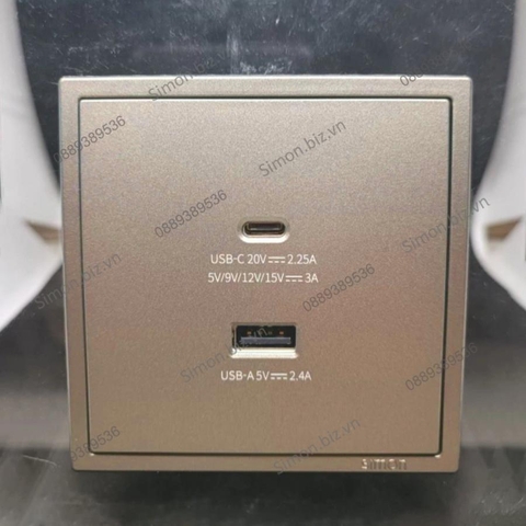 Module ổ cắm gồm ổ sạc USB 5V 2.4A và ổ type C 45W vuông màu sâm panh Simon i7 70E727-46