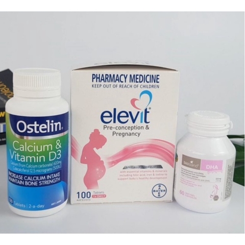 Combo Vitamin cho Mẹ Bầu (Elevit Bầu, Canxi Ostelin, DHA bầu Bioisland, Sắt Bầu Blackmores