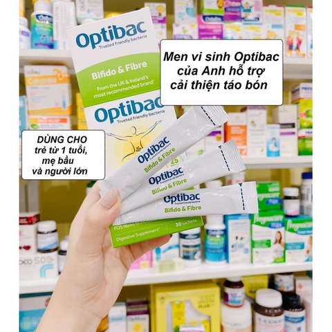 Men Optibac xanh hỗ trợ táo bón hộp 30 gói - Men vi sinh Optibac & Fibre nội địa Anh
