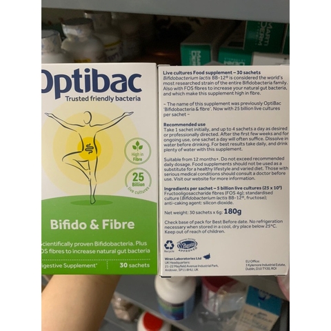 Men Optibac xanh hỗ trợ táo bón hộp 30 gói - Men vi sinh Optibac & Fibre nội địa Anh