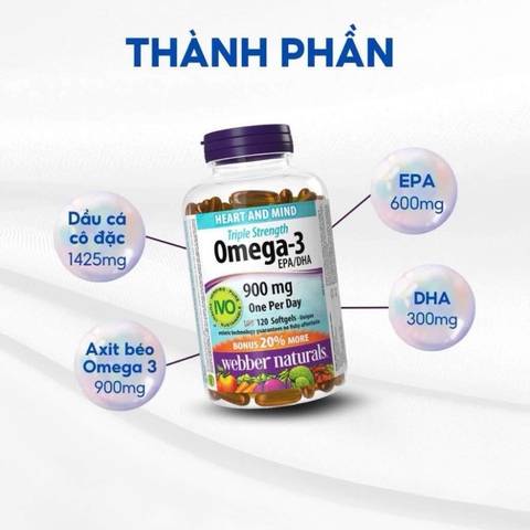 Dầu cá Triple strength Omega-3 EPA/DHA 900mg Webber Naturals Canada- Nhập khẩu đầy đủ tem phụ