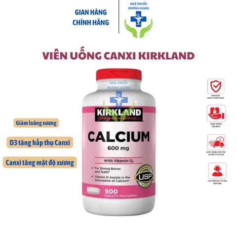 Viên uống Canxi hồng Kirkland Calcium 600mg Vitamin D3 500viên- Bổ sung Canxi, ngừa loãng xương