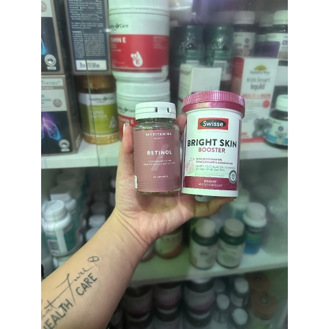 Combo trắng da Bright Skin Swisse và Viên uống Retinol Myvitamins 90 viên ngừa lão hoá, đẹp da