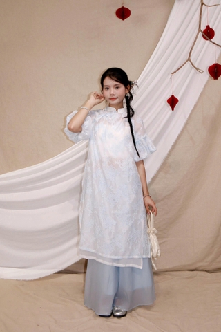 D6183 - D áo dài tơ 4 tà tay bí kèm quần 2 lớp