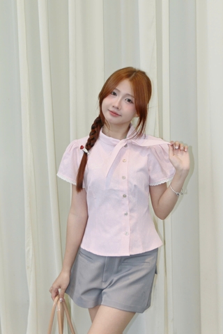 A29957 - Áo sơ mi kiểu form gọn cổ buộc dây thêu Nangbouti