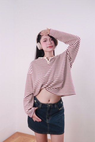 A30033- Áo sweater sọc viền cổ 3 nút