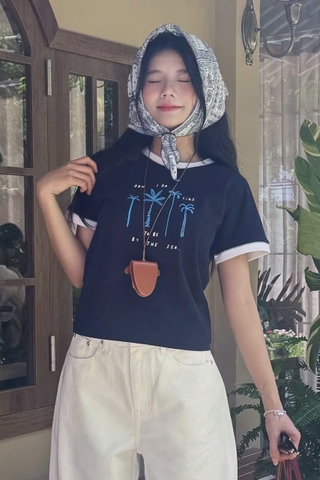 A27696 - A thun cổ tròn TN phối cổ&tay 1203 in cây dừa By