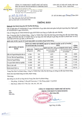 Thông báo về việc tiếp tục thực hiện giảm thuế suất thuế GTGT tiền dịch vụ thoát nước và xử lý nước thải từ 01/07/2024 đến 31/12/2024