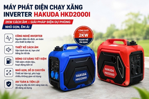 Máy Phát Điện Chạy Xăng Inverter Hakuda HKD2000I 2KW Cách Âm – Giải Pháp Điện Dự Phòng Nhỏ Gọn, Êm Ái