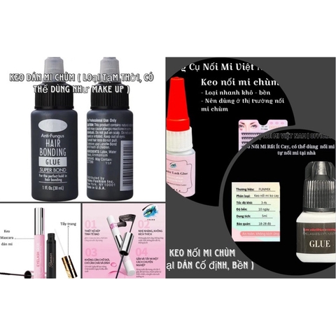 ￼Các loại keo dán cho mi chùm, keo tạm thời ( make up) và keo cố định ( keo nối mi ), tháo mi chùm Cluster Lashes