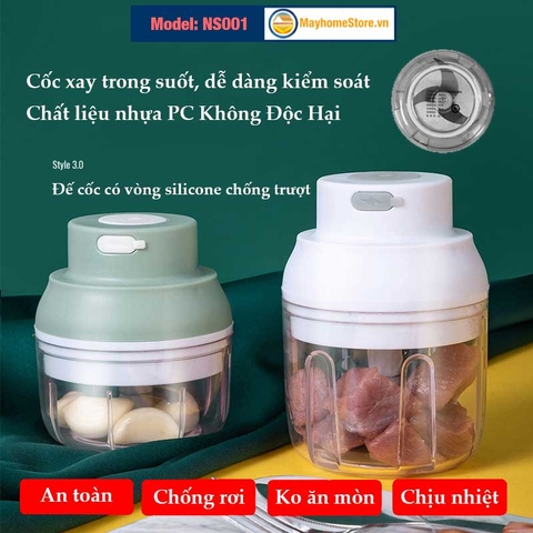 Máy Xay Thực Phẩm [Mạnh] Đa Chức Năng Cầm Tay Không Dây Sạc USB An Toàn xay thịt, tỏi, xay củ quả dung tích 100 & 250 ml