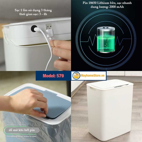 Thùng Rác Cảm Ứng Tự Động Thông Minh Pin Sạc Cổng USB Bản Nâng Cấp 2022 Cảm Ứng Kép 3 Chiều Dung tích 14L Chống Nước Tốt