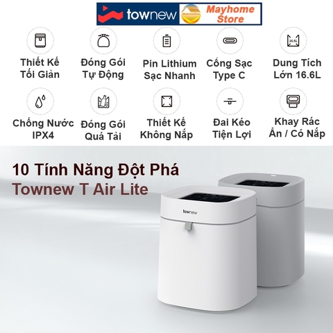 Thùng Rác Tự Động Thông Minh Xiaomi Townew T Air Lite 16.6L Thiết Kế Tối Giản, Tự Động Đóng Gói, Chống Nước IPX4