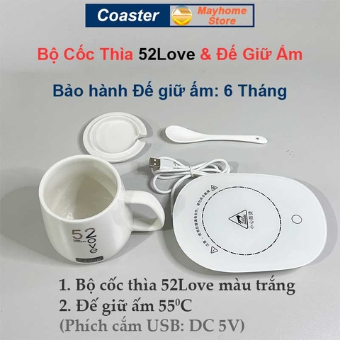 Bộ Đế Hâm Nóng Coaster & Cốc Thìa Giữ Thiệt Độ Ổn Định 55ºC, Làm Nóng Sữa, Trà, Cà Phê,  Nước ..., Làm Ấm Mọi Chất Liệu