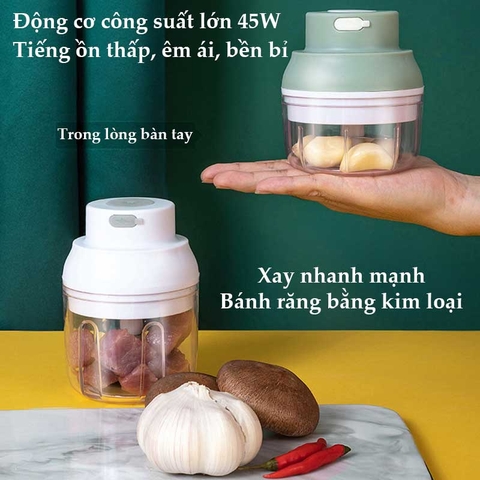 Máy Xay Thực Phẩm [Mạnh] Đa Chức Năng Cầm Tay Không Dây Sạc USB An Toàn xay thịt, tỏi, xay củ quả dung tích 100 & 250 ml