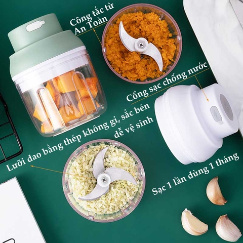 Máy Xay Thực Phẩm [Mạnh] Đa Chức Năng Cầm Tay Không Dây Sạc USB An Toàn xay thịt, tỏi, xay củ quả dung tích 100 & 250 ml