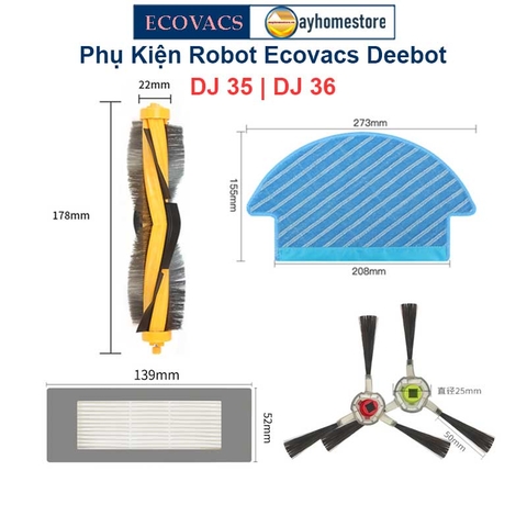 Phụ kiện Robot Ecovacs Deebot DJ35 | DJ36 Khăn Lau | Chổi Lăn Chính | Chổi Cuộn | Đôi Chổi Cạnh | Bộ Lọc Hepa