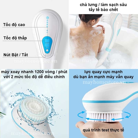 Bàn Chải Tắm Điện Chống Nước Cầm Tay Sạc Pin Với 5 Đầu Làm Sạch Da, Tẩy Tế Bào Chết, Mềm Mại Với Da, Massage Nhẹ Nhàng