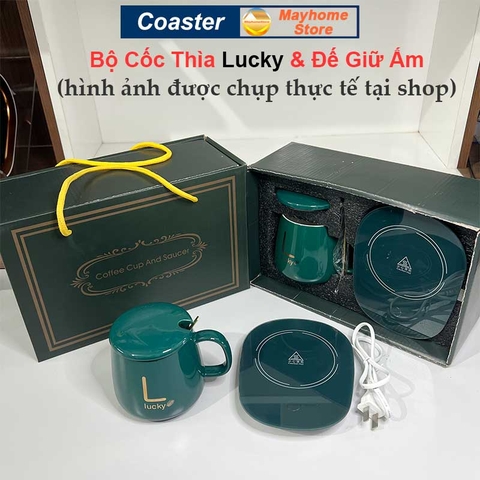 Bộ Đế Hâm Nóng Coaster & Cốc Thìa Giữ Thiệt Độ Ổn Định 55ºC, Làm Nóng Sữa, Trà, Cà Phê,  Nước ..., Làm Ấm Mọi Chất Liệu