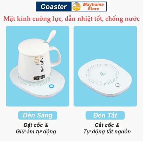 Bộ Đế Hâm Nóng Coaster & Cốc Thìa Giữ Thiệt Độ Ổn Định 55ºC, Làm Nóng Sữa, Trà, Cà Phê,  Nước ..., Làm Ấm Mọi Chất Liệu
