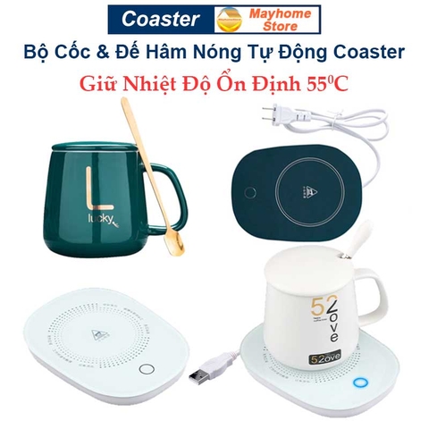 Bộ Đế Hâm Nóng Coaster & Cốc Thìa Giữ Thiệt Độ Ổn Định 55ºC, Làm Nóng Sữa, Trà, Cà Phê,  Nước ..., Làm Ấm Mọi Chất Liệu
