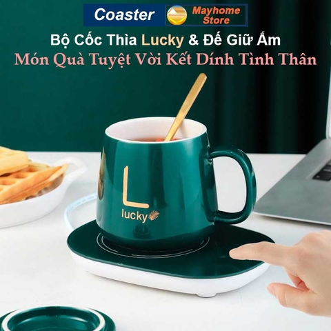 Bộ Đế Hâm Nóng Coaster & Cốc Thìa Giữ Thiệt Độ Ổn Định 55ºC, Làm Nóng Sữa, Trà, Cà Phê,  Nước ..., Làm Ấm Mọi Chất Liệu