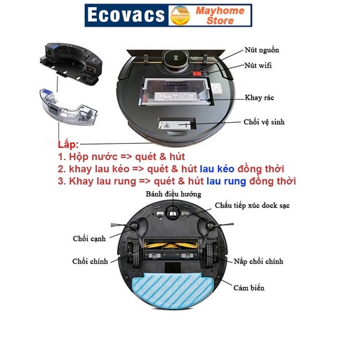Phụ Kiện Khay Lau Rung Ozmo Pro 2.0 & Khay Lau Kéo Cho Robot Hút Bụi Lau Nhà Ecovacs Deebot T8 T9 AIVI, Max, Power, Plus
