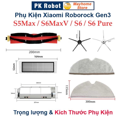 Phụ kiện Robot Xiaomi Roborock Gen3, Roborock S5Max, S6MaxV, S6, S6 Pure. Chổi lăn, chổi cạnh, khăn lau, bộ lọc ///