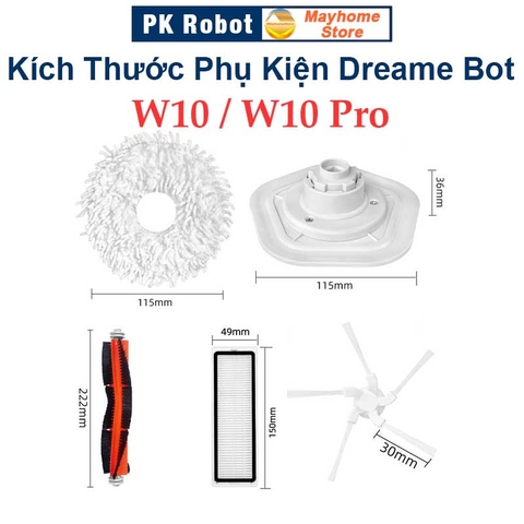 Phụ kiện Robot Xiaomi Dreame W10 & W10 Pro, Chổi lăn chính, chổi cạnh, bộ lọc hepa, giẻ lau, đế gắn khăn rời///