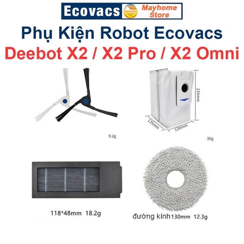 Phụ Kiện Robot Ecovacs Deebot X2 / X2Pro / X2 Omni, Chổi Cạnh, Bộ Lọc Kháng Khuẩn, Túi Bụi Kháng Khuẩn & Giẻ Lau///