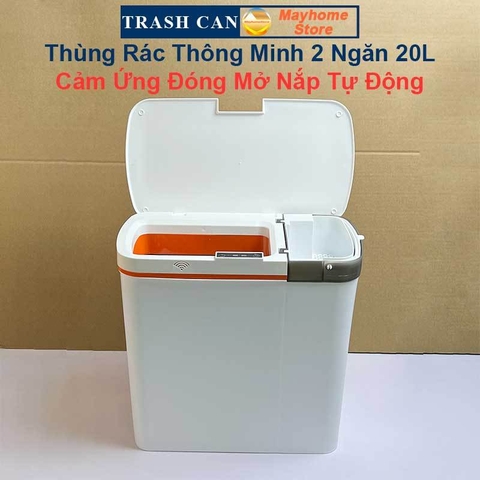 Thùng Rác Cảm Ứng Thông Minh 2 Ngăn 20L Tách Rác Khô & Ướt Sử Dụng Cho Phòng Khách và Gian Bếp Với 2 Màu Xanh và Trắng