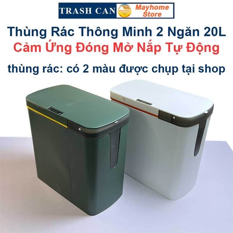 Thùng Rác Cảm Ứng Thông Minh 2 Ngăn 20L Tách Rác Khô & Ướt Sử Dụng Cho Phòng Khách và Gian Bếp Với 2 Màu Xanh và Trắng