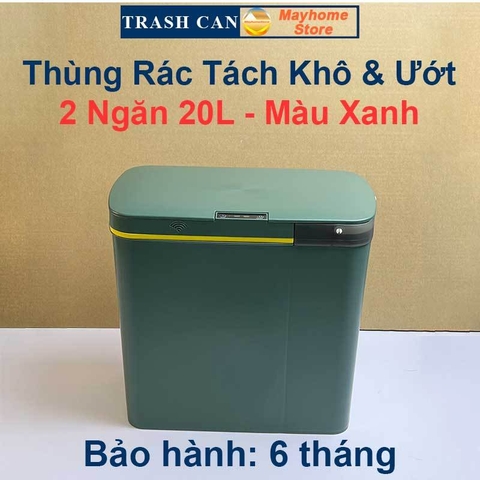 Thùng Rác Cảm Ứng Thông Minh 2 Ngăn 20L Tách Rác Khô & Ướt Sử Dụng Cho Phòng Khách và Gian Bếp Với 2 Màu Xanh và Trắng