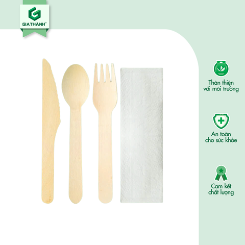 Set Dao Muỗng Nĩa gỗ kèm khăn giấy (Bọc giấy)
