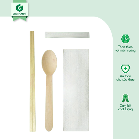 Set Đũa Muỗng Tăm gỗ kèm Khăn giấy (Bọc giấy)