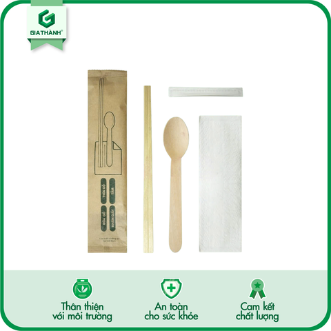 Set Đũa Muỗng Tăm gỗ kèm Khăn giấy (Bọc giấy)