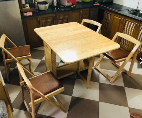 Bàn Ăn Gấp Gọn 4 Ghế Gỗ Sồi Có Đệm