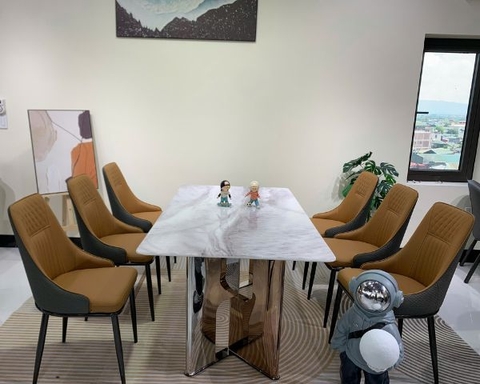 Bộ Bàn Ăn 6 Ghế Mặt Đá Thạch Anh Khung Inox HT99