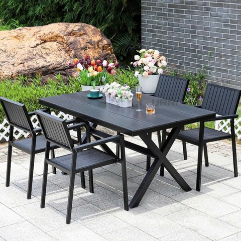 Bộ Bàn Ngoài Trời Nhôm Đúc Polywood Chân Chữ X 4 Ghế ND21