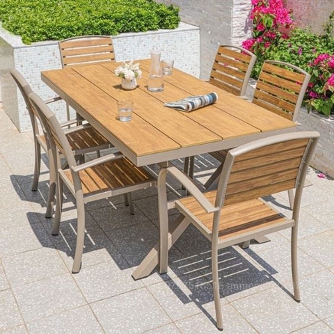 Bộ Bàn Ngoài Trời Nhôm Đúc Polywood Chân Chữ X 6 Ghế ND22