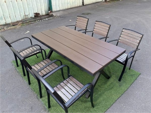 Bộ Bàn Ngoài Trời Nhôm Đúc Polywood Dài 1m8 6 Ghế ND23