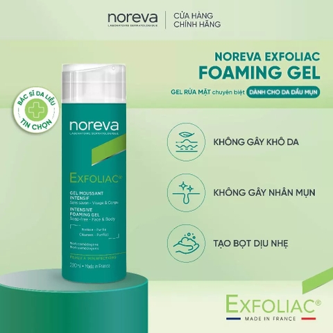 NOREVA sữa rửa mặt chuyên biệt cho da dầu mụn NOREVA EXFOLIAC INTENSIVE FOAMING GEL 200ML