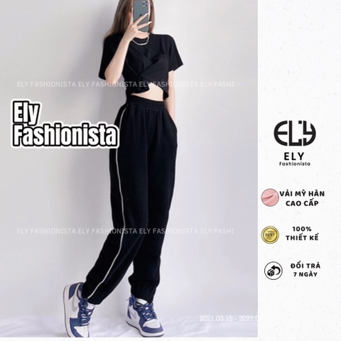 Quần jogger nữ trơn cạp chun chất Mỳ Hàn Cao Cấp ELY viền ly đứng dáng nổi bật phong cách thể thao ELY216