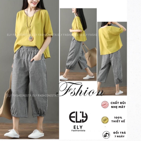 Sét đồ bộ nữ Bomber caro mặc nhà áo chất thô đũi tay lỡ quần kẻ caro chất thô  cao cấp ống suông năng động  ELY003