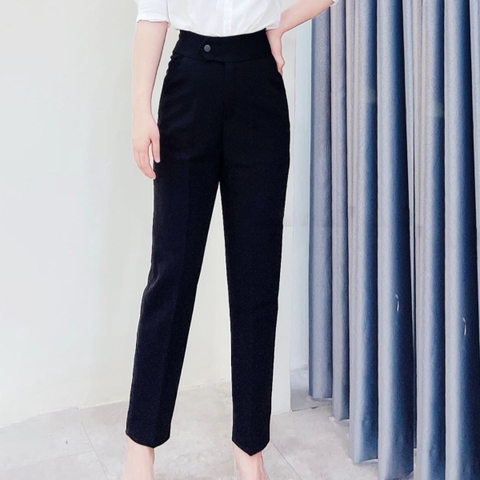 Quần baggy nữ lưng cạp cao đai vải vuông cúc lệch đồ công sở đi học form đẹp màu đen ghi ELY230