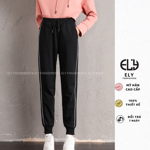 Quần jogger nữ ELY bo gấu 2 sọc cao cấp, quần thể thao nữ dây rút màu đen chất vải Mỳ Hàn đẹp cạp chun năng động ELY237