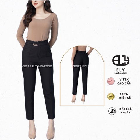 Quần tây nữ lưng cao công sở Ely fashion đai vuông kiểu quần baggy form đẹp màu đen đi học đi làm ELY259